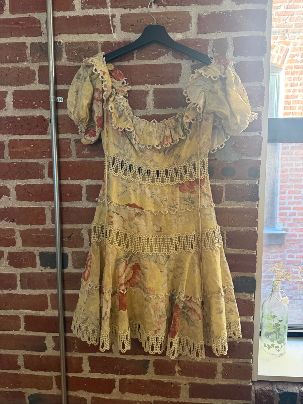 Zimmermann Yellow Floral Ruffle Crochet-Trim Mini Dress